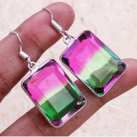 Bi-Color Tourmaline Faceted Silver Earrings - Picture 4 of 6